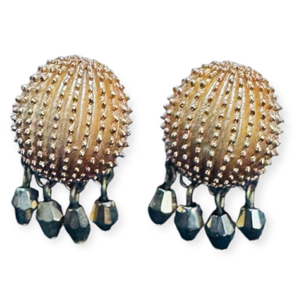 Crown Trifari Gold Metal Dangle & Domed Clip on Earrings